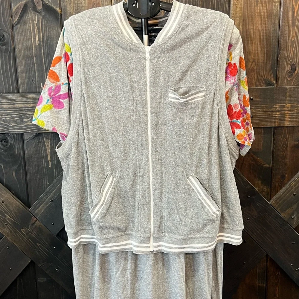 Vintage Carole Little Maxi Dress Set Size 3X Grey Floral Matching Vest Cottage‎